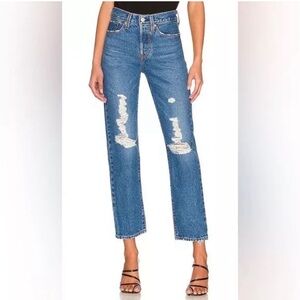 Levi's High Rise Distressed Straight Leg Jeans in Medium Blue